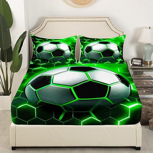Miniatura 2 de Erosebridal Sábana bajera ajustable con estampado de fútbol, tamaño individual, para niños y niñas, juego de ropa de cama de juegos de pelota, funda