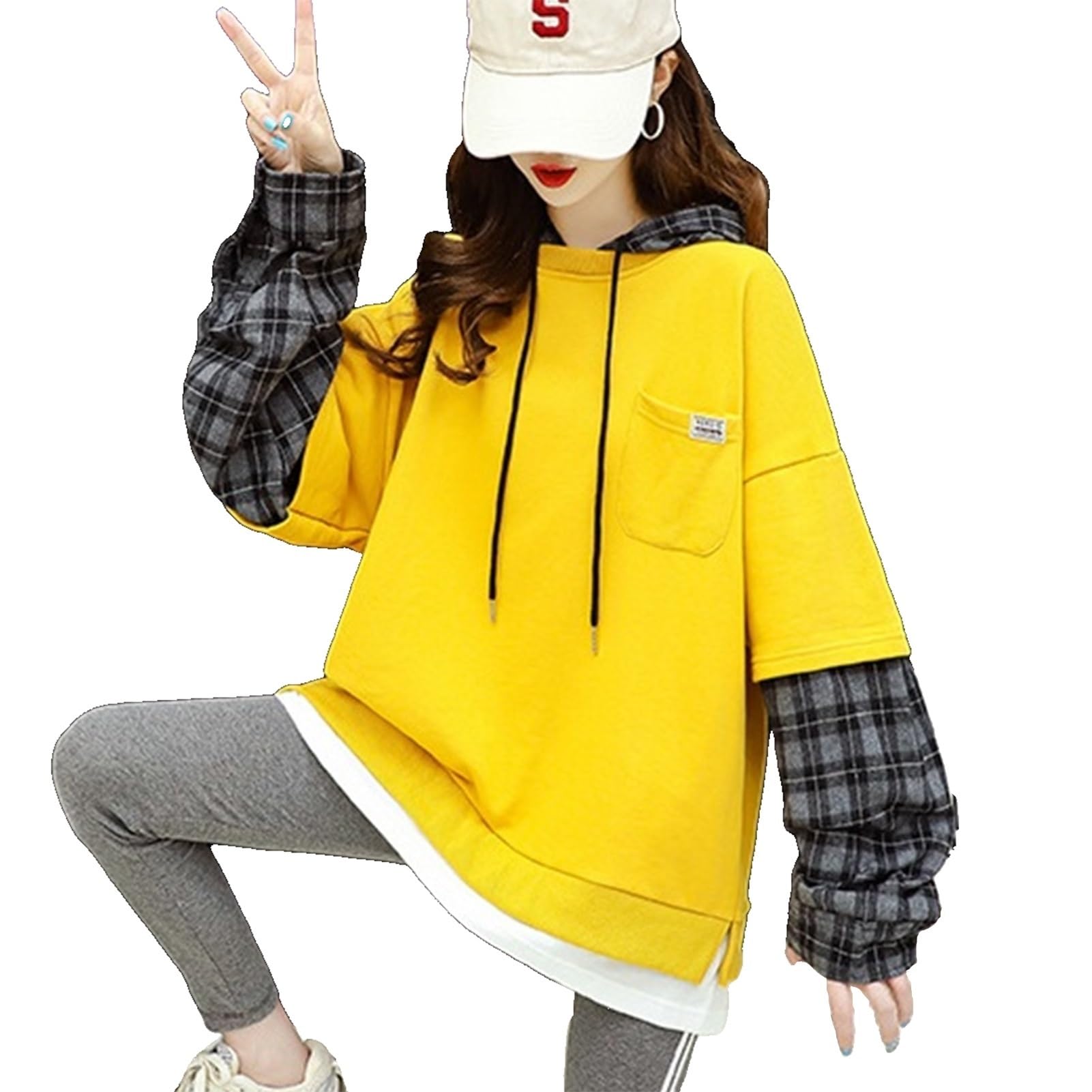 Cute Hoodies Sweatshirt Womens Clothes Large Size Women's Loose Korean Version Fake Two-Piece Sweater Women's Top (Color : Yellow, Size : Medium)