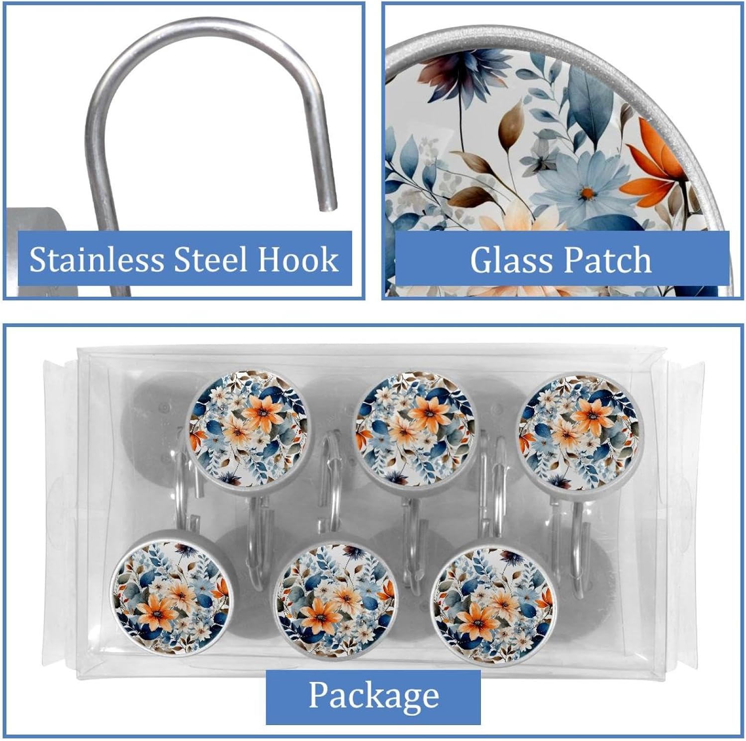 12PCS Flowers and Green Leaves Shower Curtain Hooks Rings for Bathroom, Decorative Shower Curtain Hooks Rods Curtains and Liner
