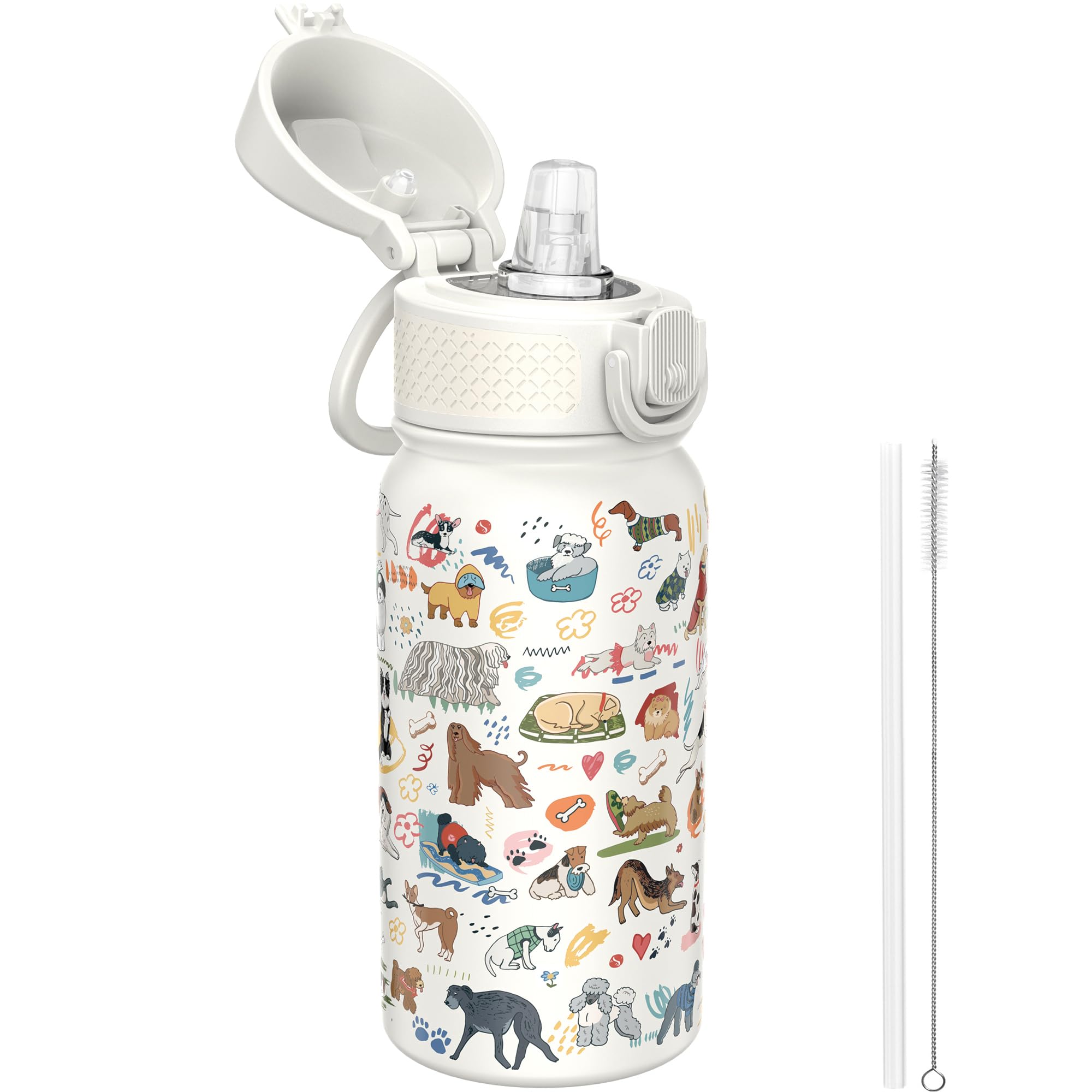 GOPPUS 350ml/12oz Kids Stainless Steel Water Bottle with Straw Toddler Drinks Bottle with Handle Small Insulated Bottles for Girls Boys School Cold Metal Flask with Flip Top Lid BPA Free (White Dog)