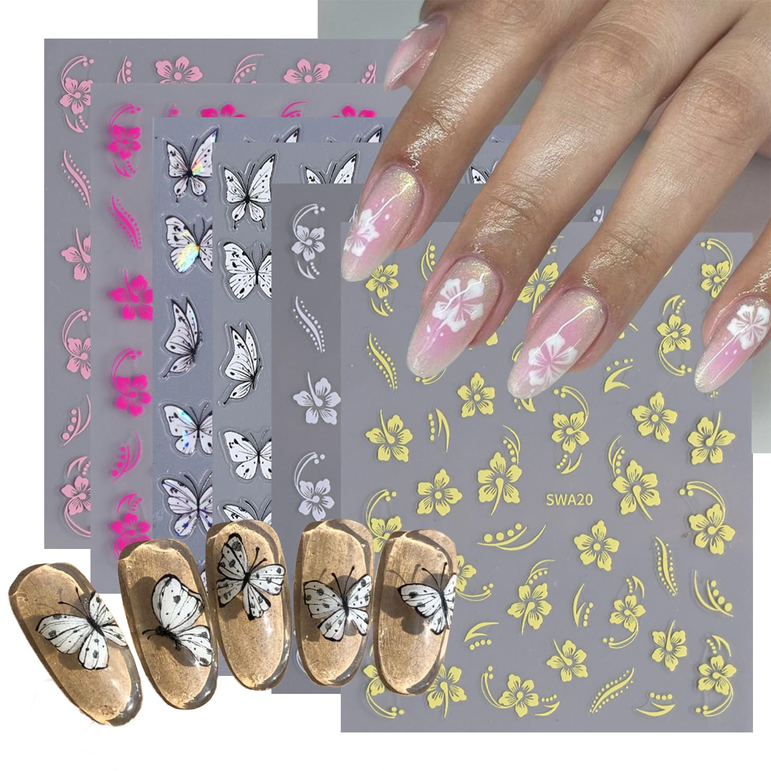 6 Sheets Flowers Nail Art Stickers White Butterfly Nail Decals 3D Self-Adhesive Pink White Gold Flower Nails Stickers Design Flower Nails Art Supplies