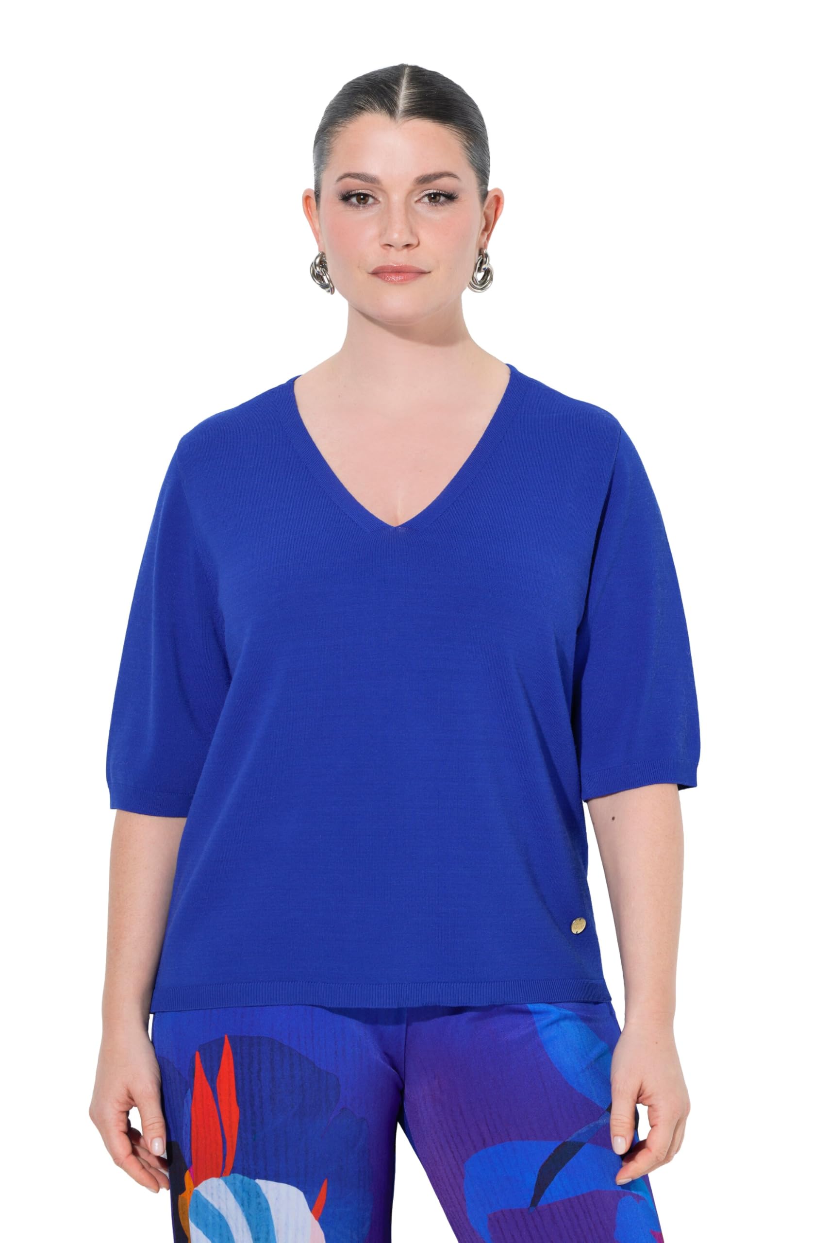 Ulla Popken Damen große Größen Übergrößen Plus Size Pullover, elastischer Saum, V-Ausschnitt, Halbarm 835260
