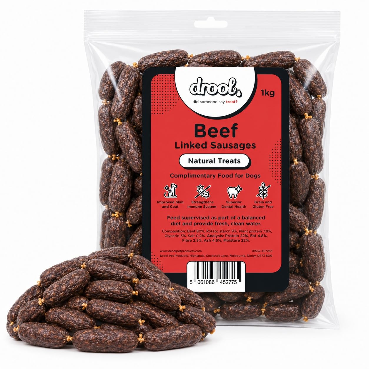 Drool Linked Beef Sausages Dog Treats โ 100% Natural Air-Dried Meaty Sausages, High Protein, Grain Free โ 1kg