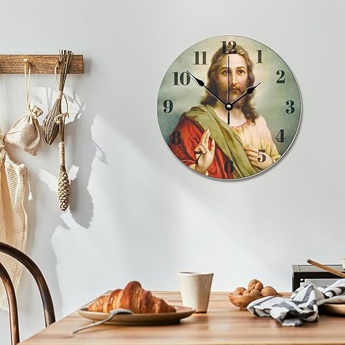 Miniatura 7 de ArogGeld Reloj de pared de Jesucristo, reloj religioso, silencioso y redondo, de madera, funciona con pilas, reloj colgante decorativo para oficina,