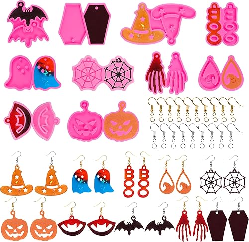 choyaxo 10 pares de moldes de resina para aretes de Halloween con 100 ganchos de aretes y 100 anillos de salto abiertos para Halloween, juegos de