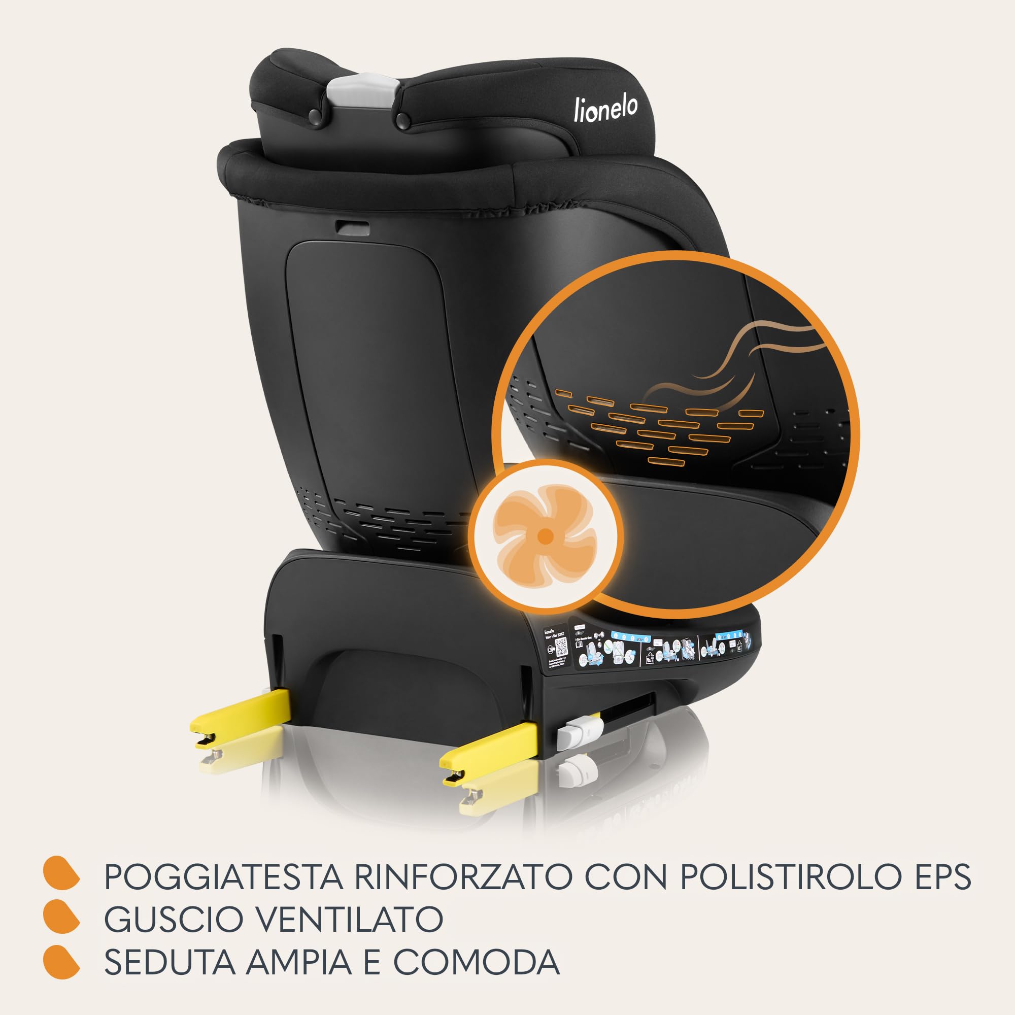 LIONELO Seggiolino Auto NAVY i-Size con ISOFIX, Girevole a 360° e Reclinabile, Bambini 40–150 cm (0–12 anni), Fronte e Retro Marcia, Piede di Supporto, Poggiatesta 11 Livelli, Ventilato e Comodo