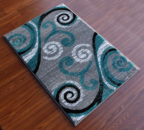Miniatura 2 de Masada Rugs, Stephanie Collection - Alfombra de área moderna y contemporánea, 1100, turquesa, gris, blanco, negro (2 pies x 3 pies)