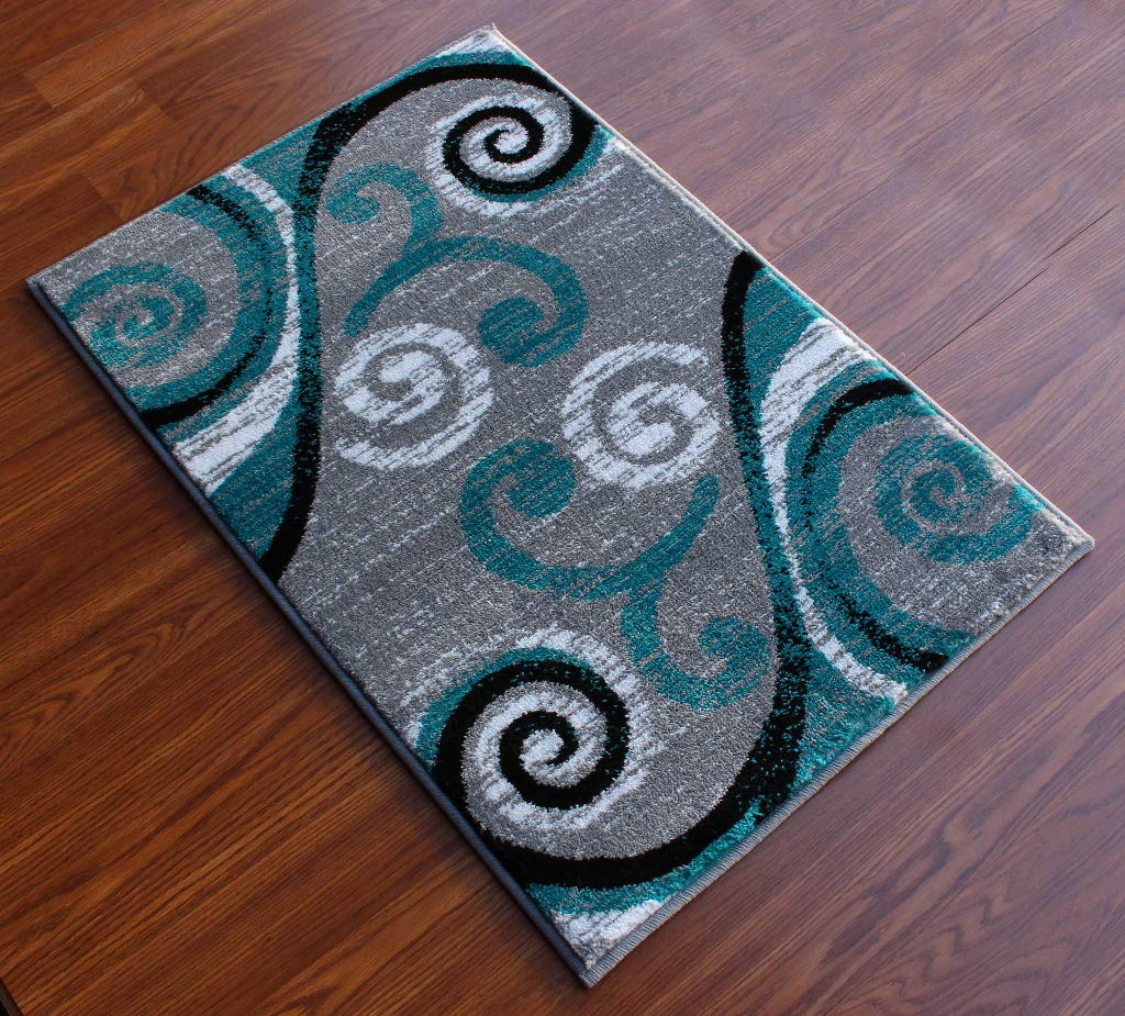 Masada Rugs, Stephanie Collection Area Rug Modern Contemporary Design 1100 Turquoise Grey White Black (2 Feet X 3 Feet) Mat