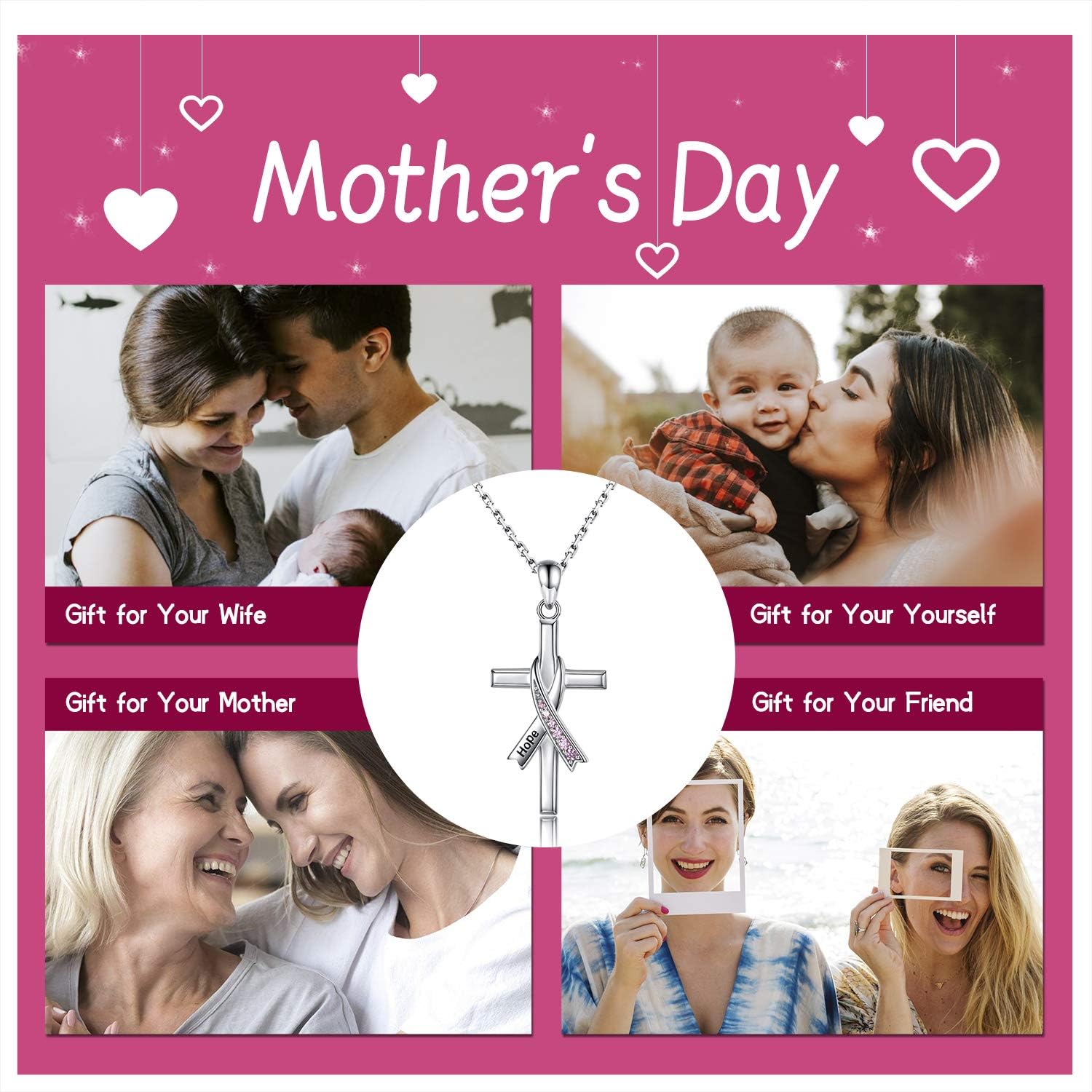 Heart Pink Ribbon Necklace Earrings 925 Sterling Silver Inspirational Breast Cancer Awareness Jewelry Gift for Women Cancer Survivor - Image 6