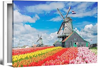 Tulip Flower Art Poster Canvas Print Dutch Windmill Landscape Poster Canvas Wall Art Decorative Painting for Office Bedroom Living Room Home Decor 8x10inch 20x25cm Framed