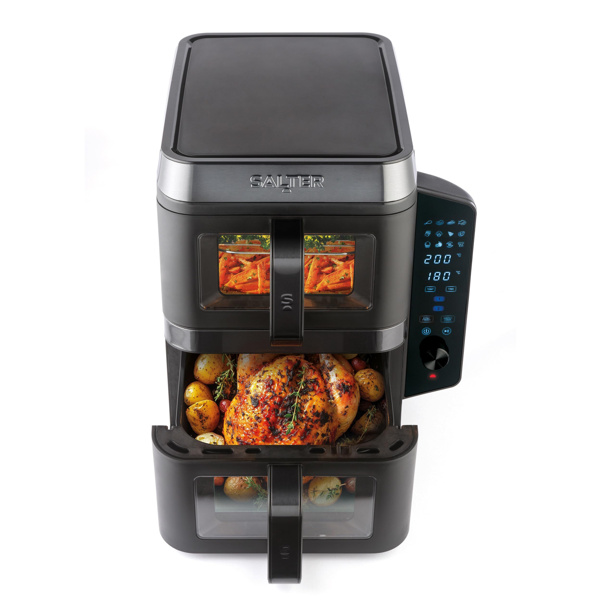 Salter Friggitrice ad aria verticale con doppio cassetto, cuoce su 4 livelli, capacità di 9L attraverso due cestelli da 4.5L, design salvaspazio, 12 funzioni di cottura con Sync & Match, senza PFAS