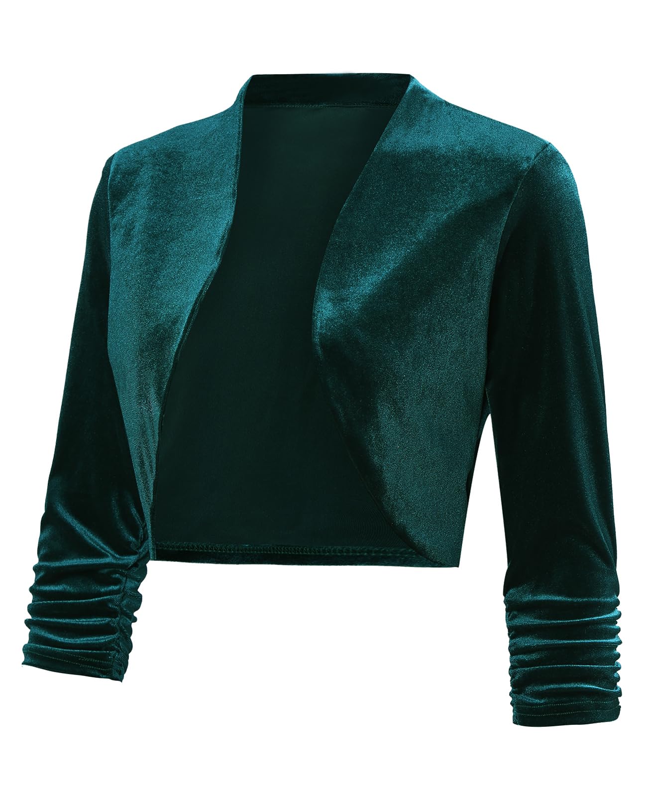 Cárdigan bolero para mujer, con frente abierto, de terciopelo, recortado, fruncido, manga 3/4
