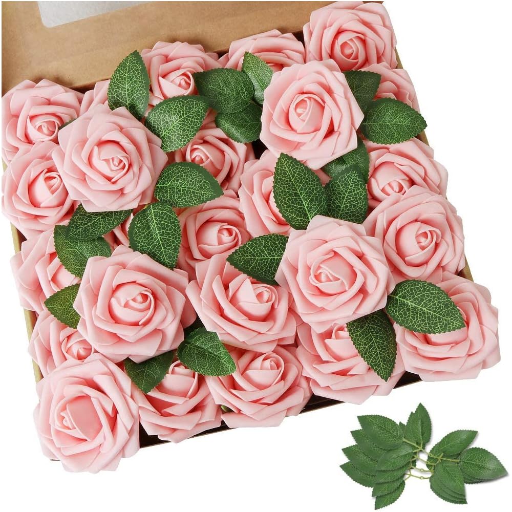TOMVAES Artificial Flowers Roses, 25pcs Real Touch Artificial Foam Roses with Stems for DIY Bridal Bouquets, Valentine's Day, Mother's Day, Wedding Party, Baby Shower, Home Decoration