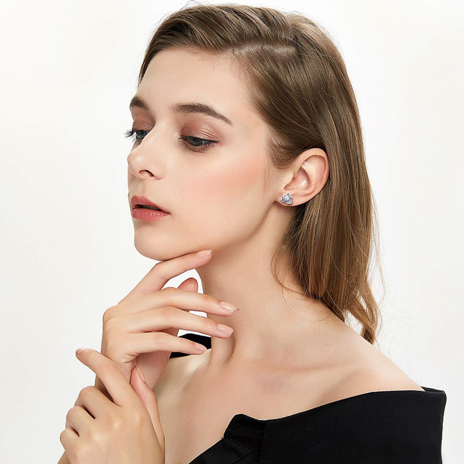 Rose Flower Stud Earrings for Sterling Silver with Gold Plated Hypoallergenic Jewelry Cubic Zirconia Studs Earring, Birthday Gifts for Women - Image 4