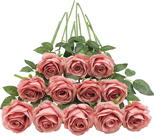 Tifuly Rosas artificiales de color rosa polvoriento, 12 rosas de seda de tallo largo, rosas falsas realistas con tallos para ramos de novia,