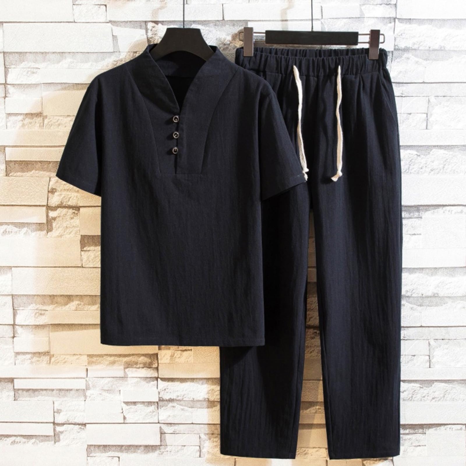 Tuta da uomo leggera in lino, in cotone e lino, per il tempo libero, estiva, 2 pezzi, scollo a V, maniche corte e pantaloni lunghi, traspirante, per la casa, per lo sport, il jogging