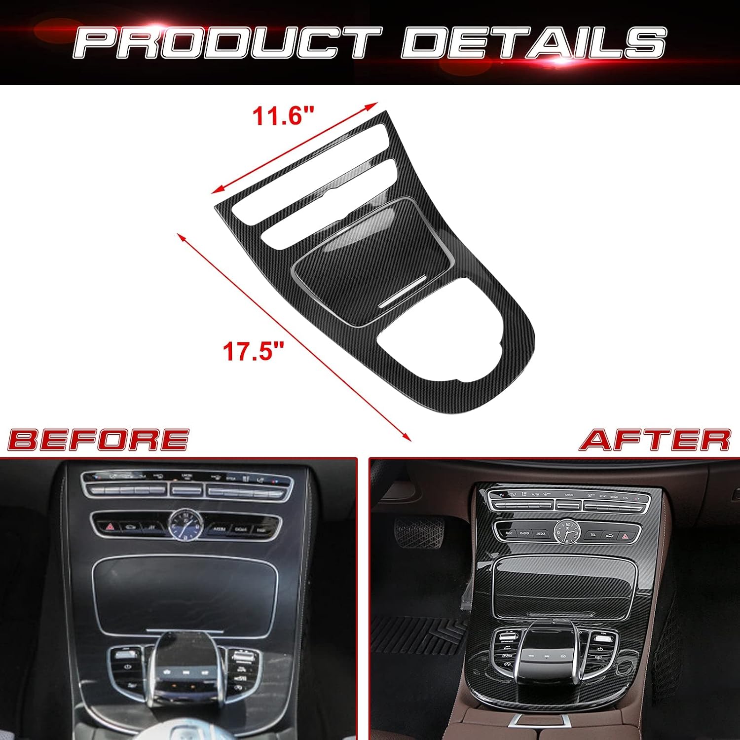 x xotic tech Center Console Gear Shift Panel Frame Cover Trim, Carbon Fiber Pattern, Compatible with Mercedes Benz E Class W213 2016-2018 (with Clock)