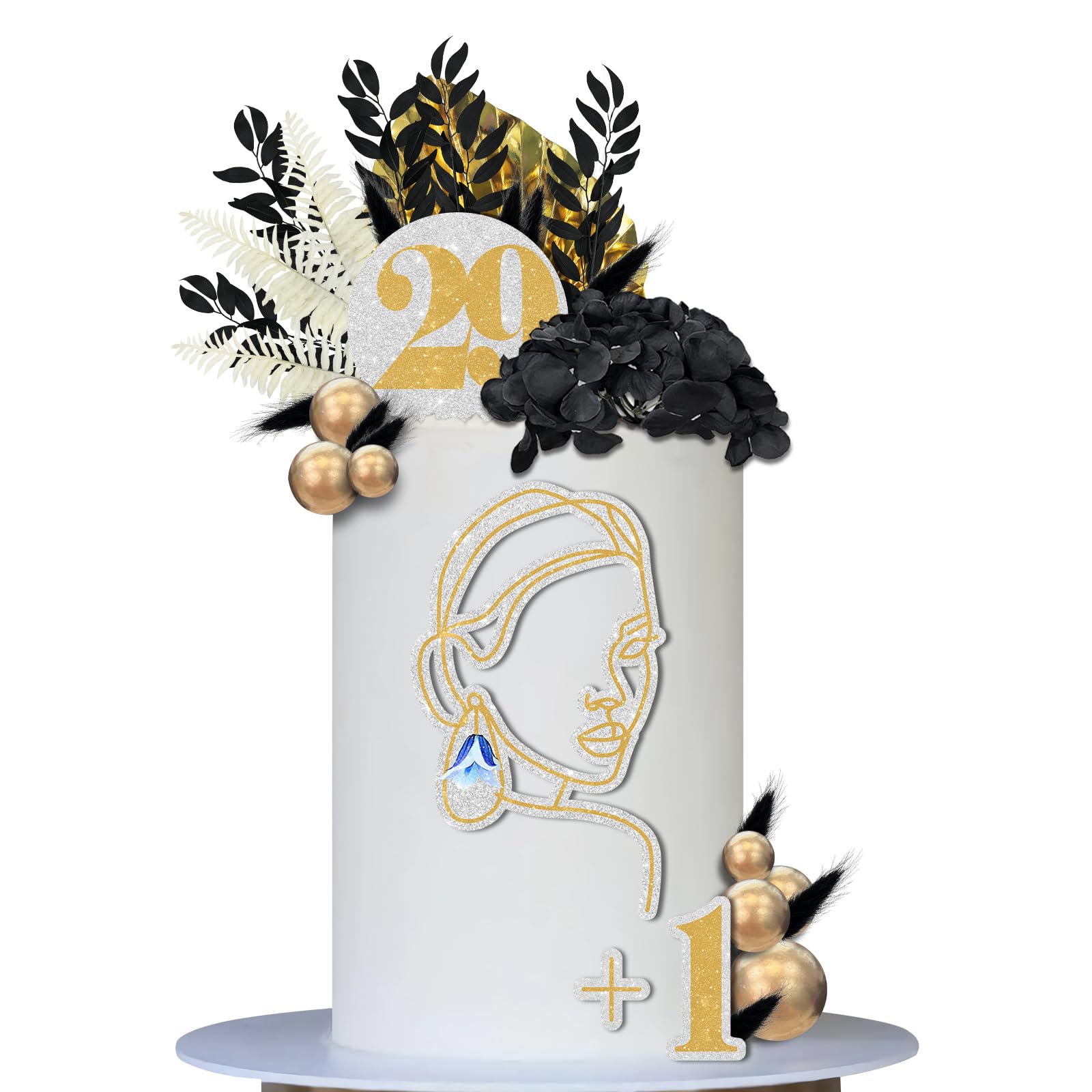 17 PCS Happy 29th Birthday Cake Topper Black Gold Balls & Eucalyptus Palm Leaves Cake Decorations Set with Artificial Flowers Decor for Woman 29th Birthday Anniversary Party Boho Wedding Supplies