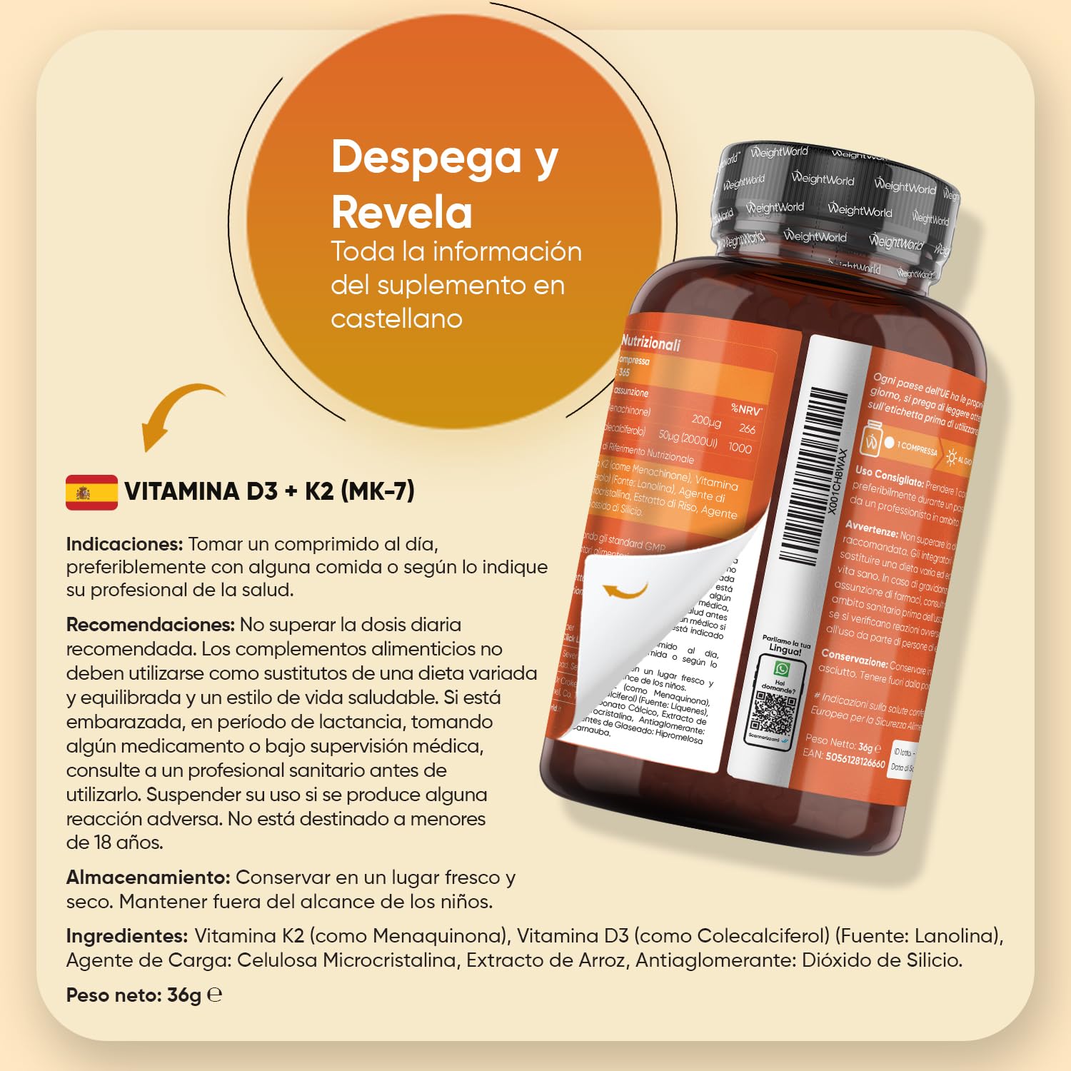 Vitamina D3 y K2 2000 UI + 200 µg - 365 Comprimidos de Vitamina D y MK7 - La Vit D contribuye al mantenimiento de los huesos en condiciones normales (EFSA), Vegetariano y Sin OGM