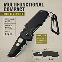 Vista 3 de Mini Cuchillo de Llavero con Mosquetón - Hoja Serrada Tanto de 1.3" - Multiherramienta Negra 6 en 1 - Abridor de Botellas, Cortador de Caja, Bloqueo