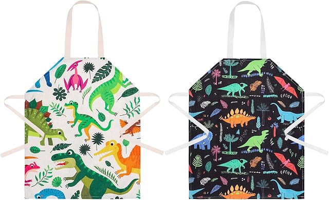 AKlamater 2 Pcs Kids Cooking Aprons,Dinosaur Kitchen Child Chef Aprons, Adjustable Linen Aprons for Cooking Baking Art Painting Gardening Wear