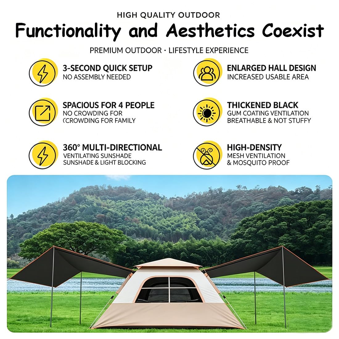 Tenda Glamping Impermeabile | Pop-Up Grande Portatile | Cabina Istantanea | Teepee a Campana a Doppio Strato, con Tettoia Extra E Pavimento Antisgocciolamento, per Ogni Avventura 2people