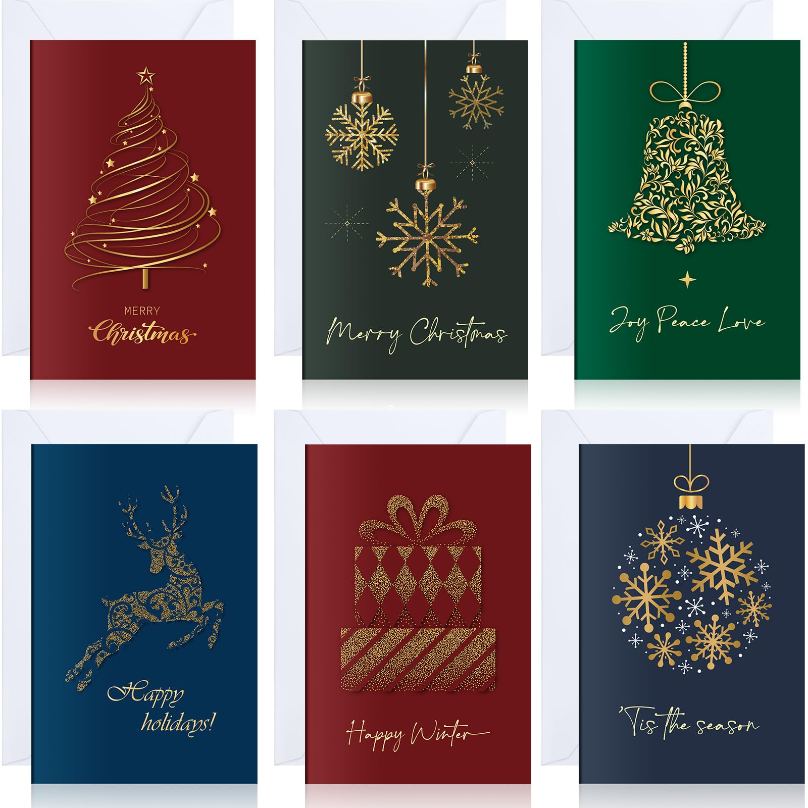 Crtiin Lot de 240 cartes de vœux de Noël en feuille d'or en vrac avec enveloppes et autocollants, 6 motifs assortis, 15 x 10 cm, fournitures d'invitation festives