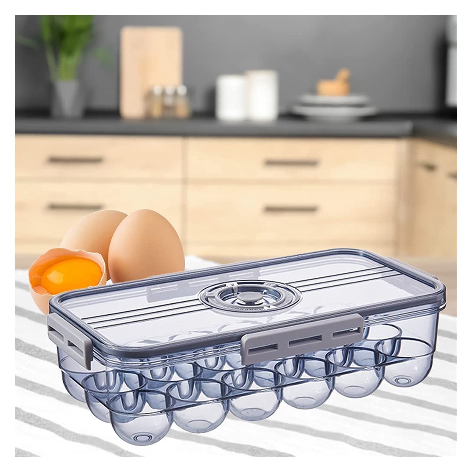JSY Bandeja de almacenamiento de huevos para nevera, bandeja de huevos con tapa, apilable, de alta transparencia, para huevos de PET y accesorios (color: azul, tamaño: 18 rejillas)