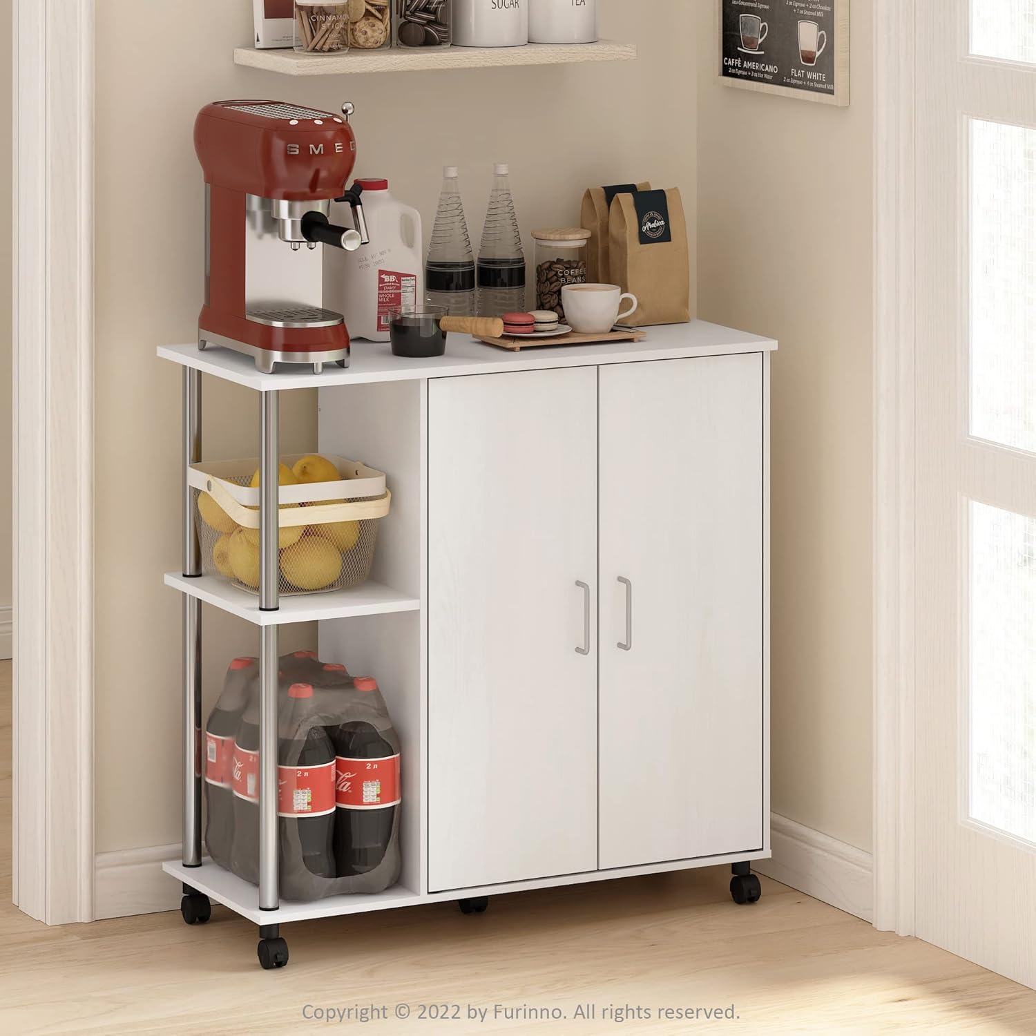 Furinno Helena Utility Kitchen Island and Storage Cart on Wheels, 3-Tier, Stainless Steel Tubes, White Oak/Chrome : Home & Kitchen