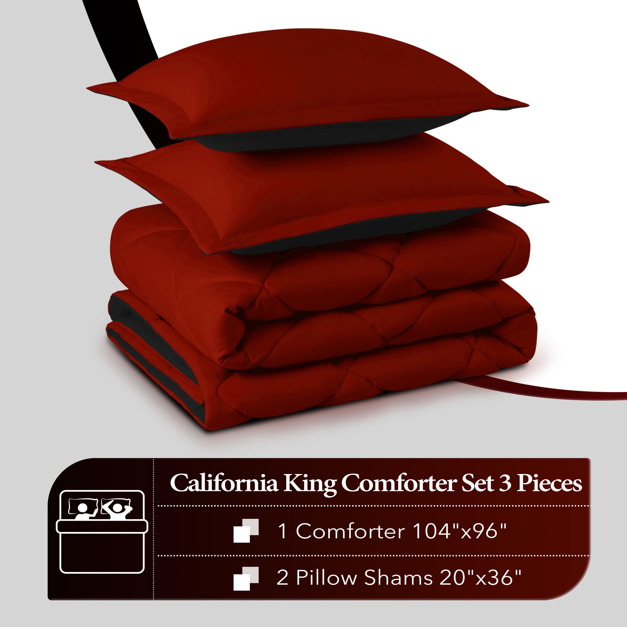 downluxe Set di biancheria da letto California King, in piuma d'oca leggera, reversibile, 3 pezzi, con 2 federe reversibili (rosso/nero)