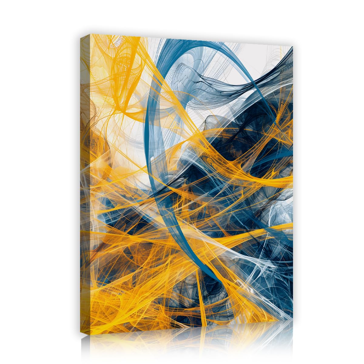 TOANGWALL Teal Yellow Canvas Wall Art Staircase Tangled Ribbons Framed Poster Prints Dynamic Fluid Web Abstract Painting Artwork for Cafe Decor 90x110cm
