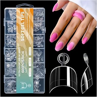 600Pcs Extra Short Half Cover Tapered Square Soft Gel Clear Nail Tips Set, Pre-shaped XXS Fake Nails False Nail Extension for Home Salon DIY 12 Sizes
