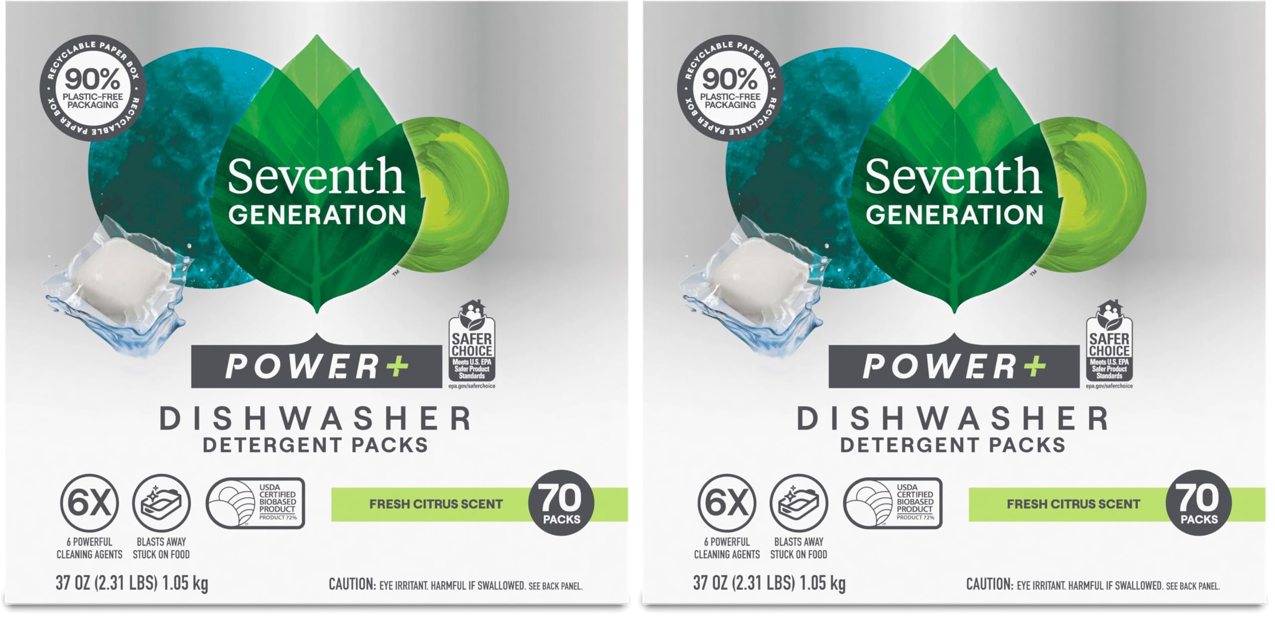 Seventh Generation Power+ Dishwasher Detergent Packs Fresh Citrus scent 1 for sparkling dishes Dishwasher tabs 70 count (Pack of 2)