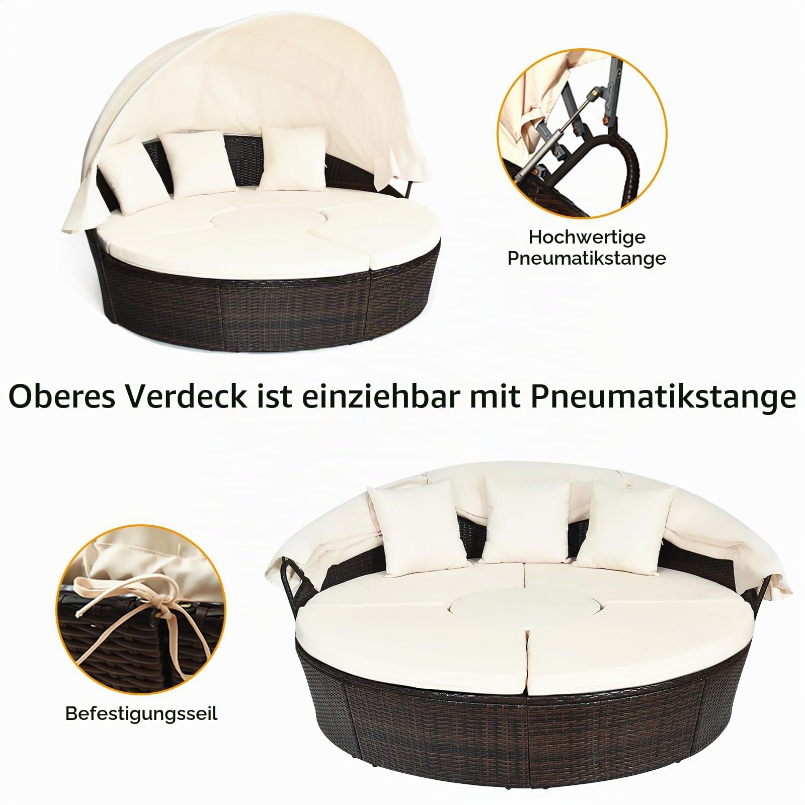 LIFEZEAL Rattan Sonneninsel mit Sonnendach, Gartenliege Sonnenliege mit Kissen, 5-teiliges Lounge Set mit faltbarem Regencover, Gartenlounge Terrassenmöbel bis zu 360 kg (Beige, 192 x 192 x 146 cm)