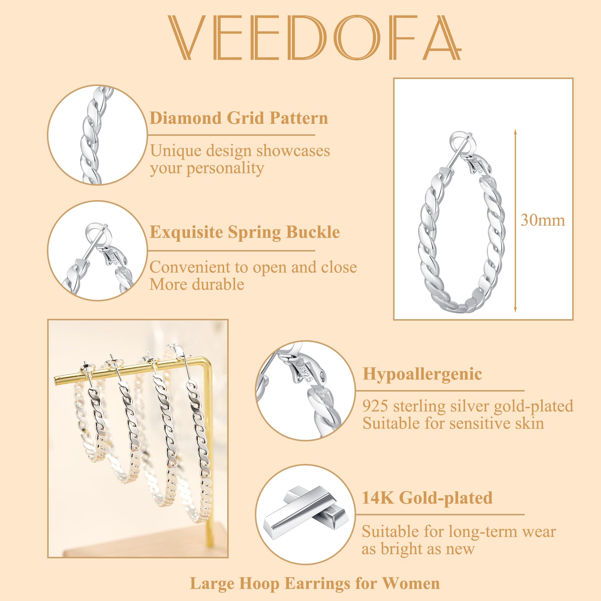 925 Sterling Silber Creolen für Damen, Hohle Twist Ohrringe in Creolen Gold,Leicht & Hypoallergen Earrings