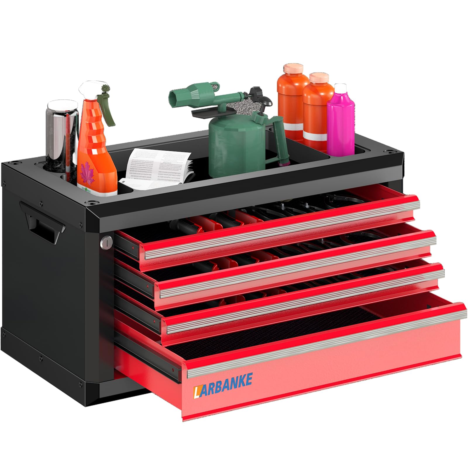 LARBANKE Boîte à outils à 4 tiroirs, boîte à outils portable avec serrure et clés, boîte à outils avec plan de travail étanche et résistant à la rouille, coin anti-collision, tiges de connexion