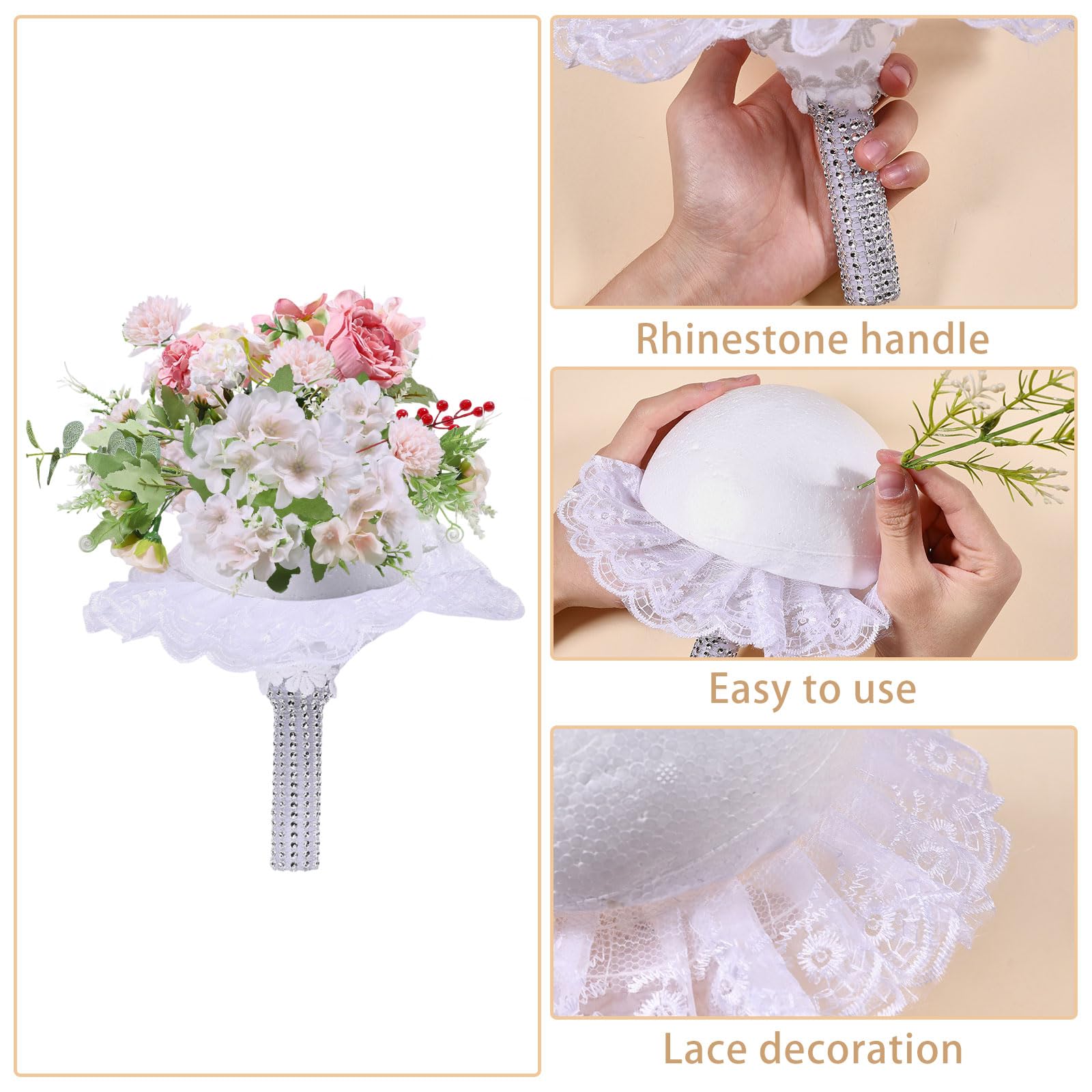 FREEBLOSS 2 pièce de Support de Bouquet en Dentelle Blanche avec Poignée en Mousse pour Bouquet de Mariage Fournitures pour Fleurs Artificielles de Mariée
