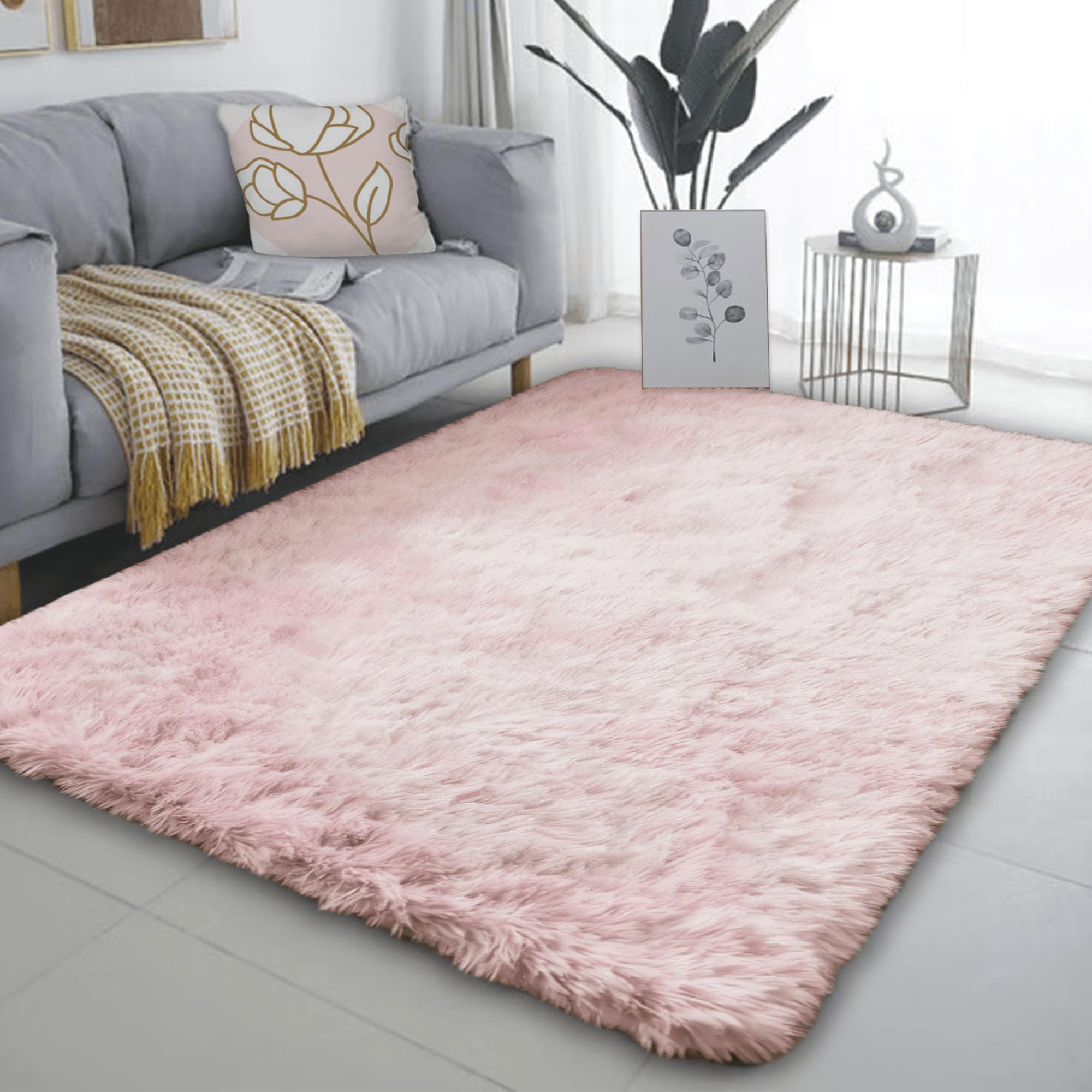 Grand tapis de salon 250 x 340 cm rose clair lavable et moderne