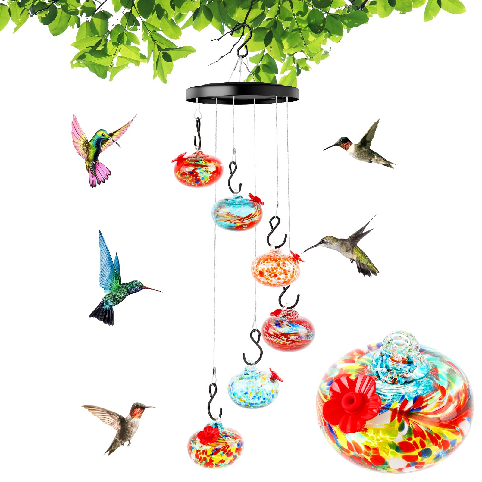 Kolibri-Futterspender Aus Mundgeblasenem Glas – 6 Futterplätze, Windspiel-Design