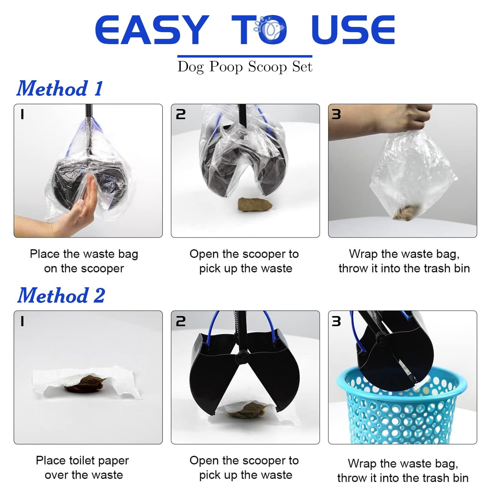 Recogedor Caca Perros 45cm Recoge Cacas de Perros con Dog Poop Bags Recogedor de Cacas de Perros con Porta Bolsas Caca Perro Accesorios para Perros Mango Largo Recogedor Basura