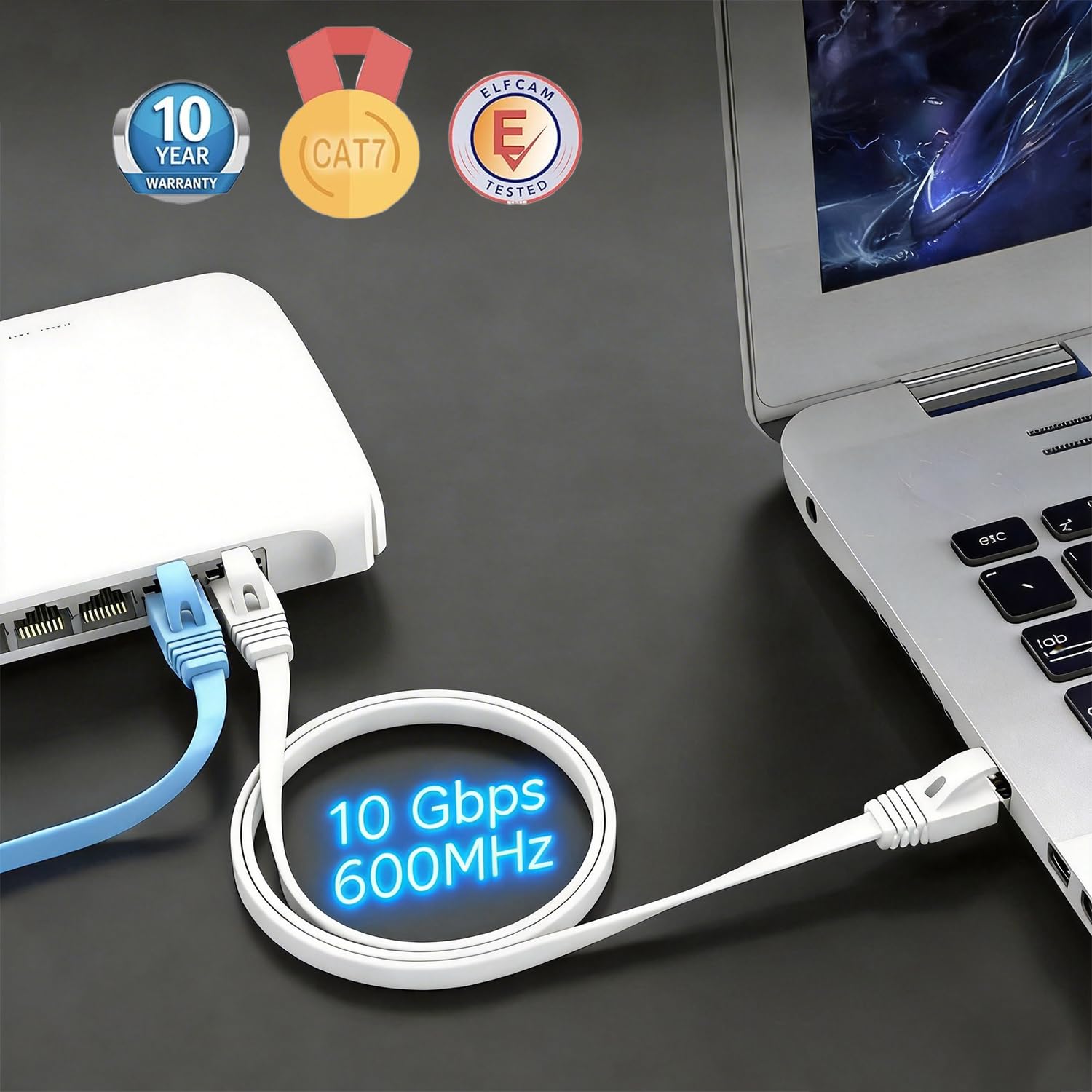Elfcam® Kabel Ethernet Cat 7 o długości 15 metrów, płaski kabel RJ45 LAN, szybki internetowy kabel do transmisji danych, 100% miedź, STP, 32 AWG, biały