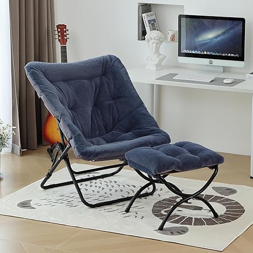 Miniatura 6 de Cómoda silla plegable con otomana, silla plegable de piel sintética de gran tamaño, silla suave y peluda con marco de metal, silla de luna para