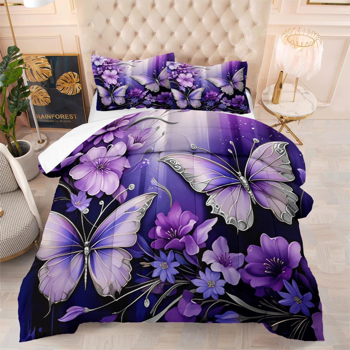 Queen Blue Gold Flower Butterfly Comforter Quilt Sets,Butterflies 3pcs Bed in a Bag Comforter Set,1 Comforter and 2 Pillow Shams- 90x90 inches