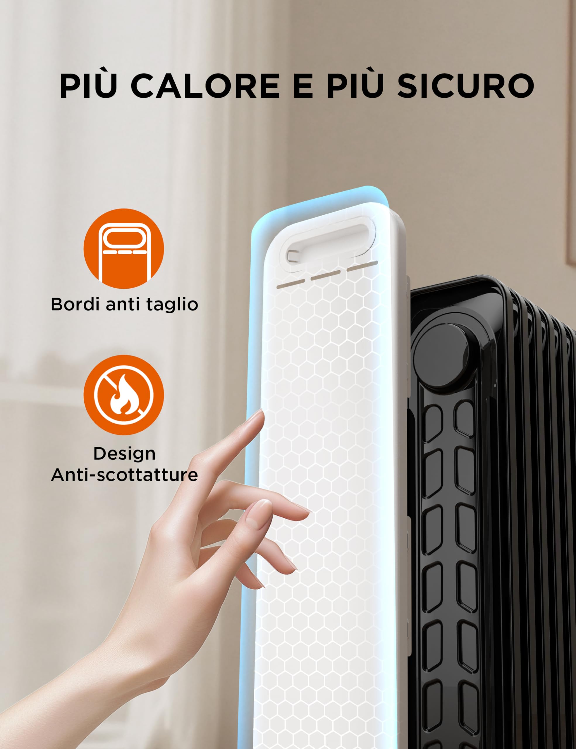 Midea Termoconvettore a Olio, 2000W, 9 alette, Controllo a Manopola, Termostato Regolabile, 3 Livelli di Calore, Protezione da Ribaltamento e Surriscaldamento, Ultra Silenzioso per Ufficio e Casa