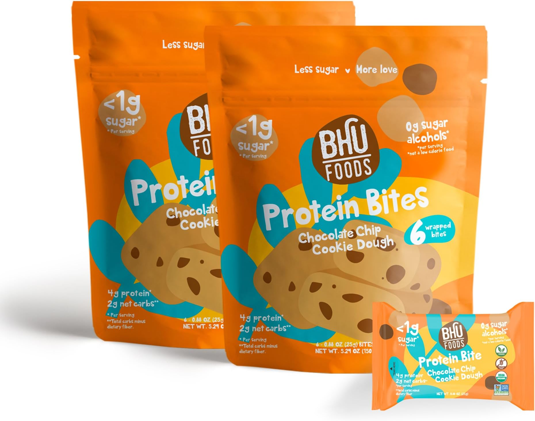 Bhu Foods Keto Bites, Chocolate Chip Cookie Dough, Organic Snacks for Adults & Kids, Gluten Free, Vegan, Low Carb & Sugar, Individually Wrapped (2 Pack)