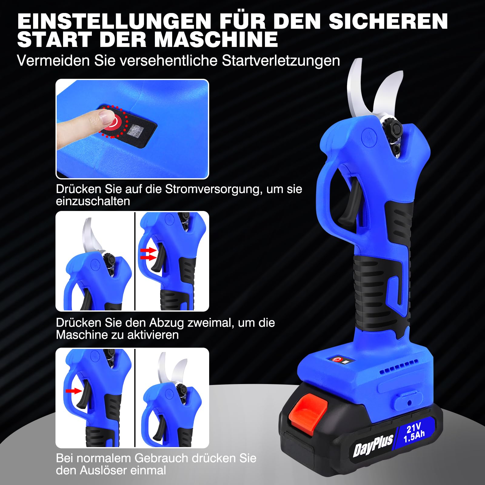 Tijeras de podar eléctricas con motor sin escobillas, tijeras de podar eléctricas de 21 V, cortador de ramas eléctrico con 2 baterías y cargador, 25 mm (0,98 pulgadas), diámetro máximo de corte (azul)
