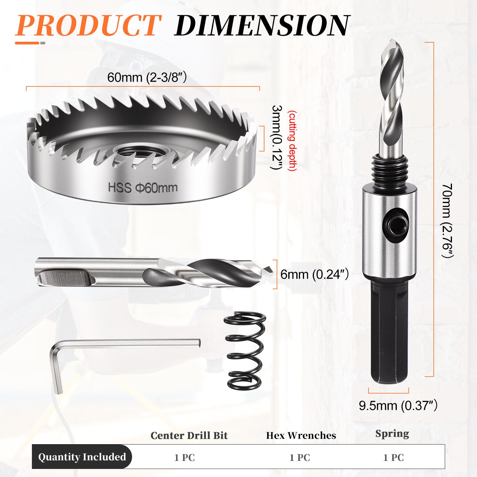 METALLIXITY Hole Saw 60mm (2-3/8"), 4341 High Speed Steel Hole Cutter with Center Drill Bit, Hex Key and Spring - Image 2
