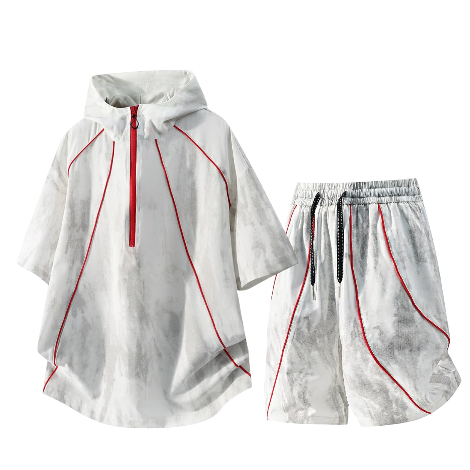 Men's Color Block Hooded Sport Set American Thin Short Sleeve T-shirt Shorts Loose-Grey-S
