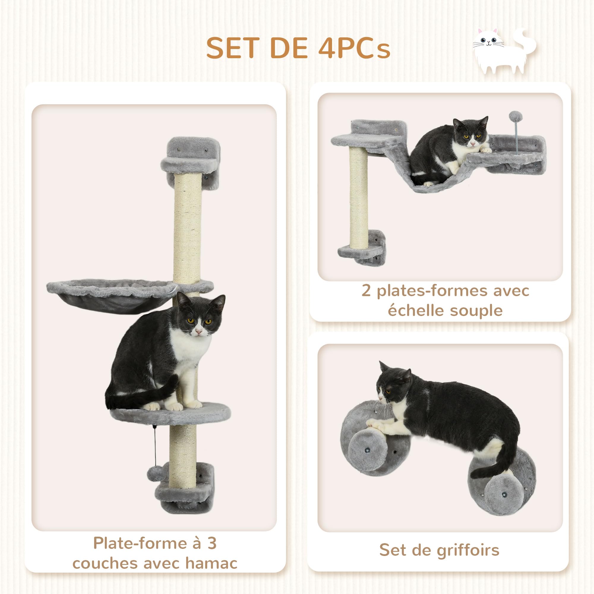 PawHut Arbre à Chat Parcours Mural Complet 4 pièces hamac, Pompon, Plateformes de Saut, Poteau en sisal et échelle Peluche Gris
