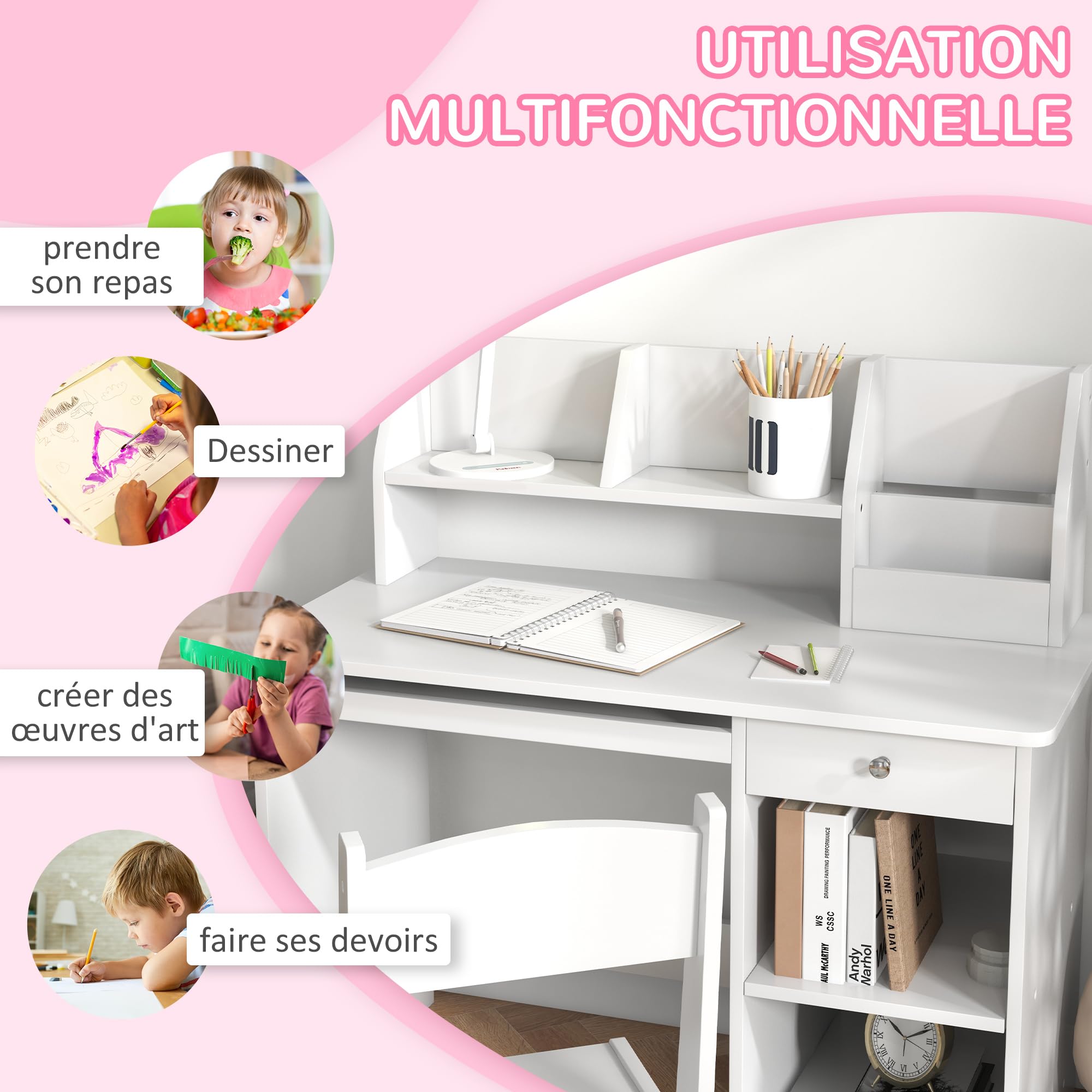 ZONEKIZ Bureau Enfant avec Chaise Ergonomique, Table Enfant et Chaise avec 2 tiroirs, étagères Ouvertes et niches, Table pour l'étude, Le Travail et l'écrire, 90 x 45 x 90 cm, Blanc